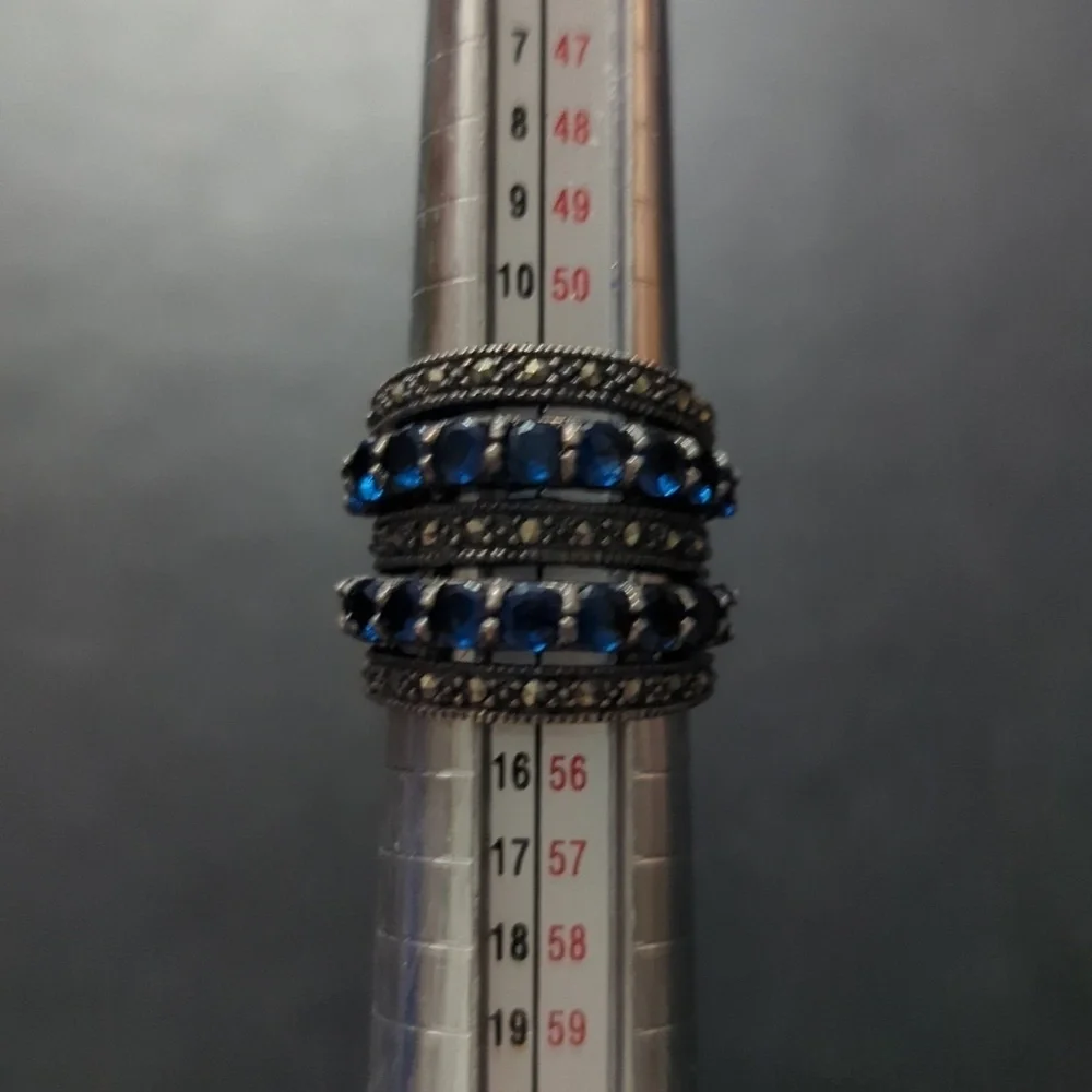 Sterling Silver Marcasite and Blue Rhinestone Cocktail Statement Ring - size 6.5